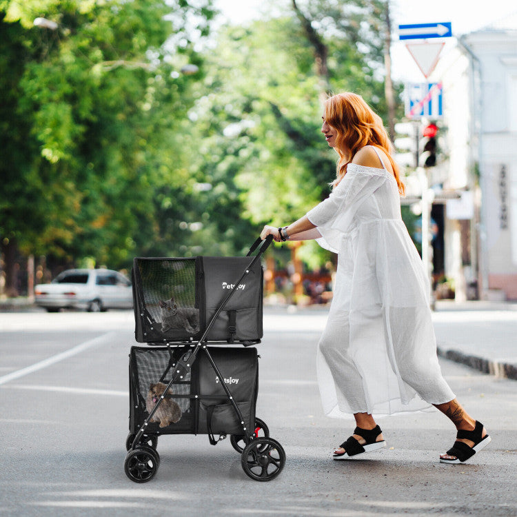 4-in-1 Double Pet Stroller with Detachable Carrier and Travel Carriage